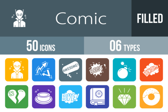 50 Comic Filled Round Corner Icons for Bold, Engaging Visuals