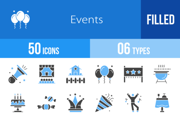 50 Events Filled Blue Black Icons: A Professional Asset for Visual Communication