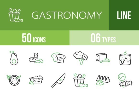 50 Gastronomy Line Green and Black Icons for Design Projects