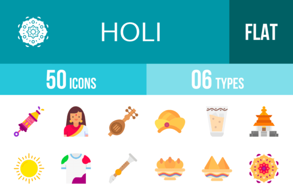 50 Holi Flat Multicolor Icons: Vibrant Design Assets for Any Project