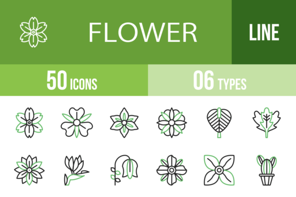 Elegant Flower Icons: 50 Line Green and Black Designs